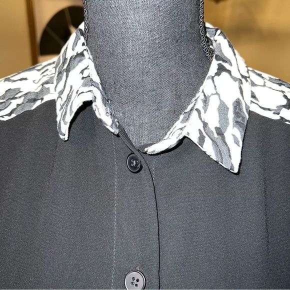 ASOS Sheer Front with Black and White Abstract Print Button Down Blouse Size 10 - Picture 6 of 10